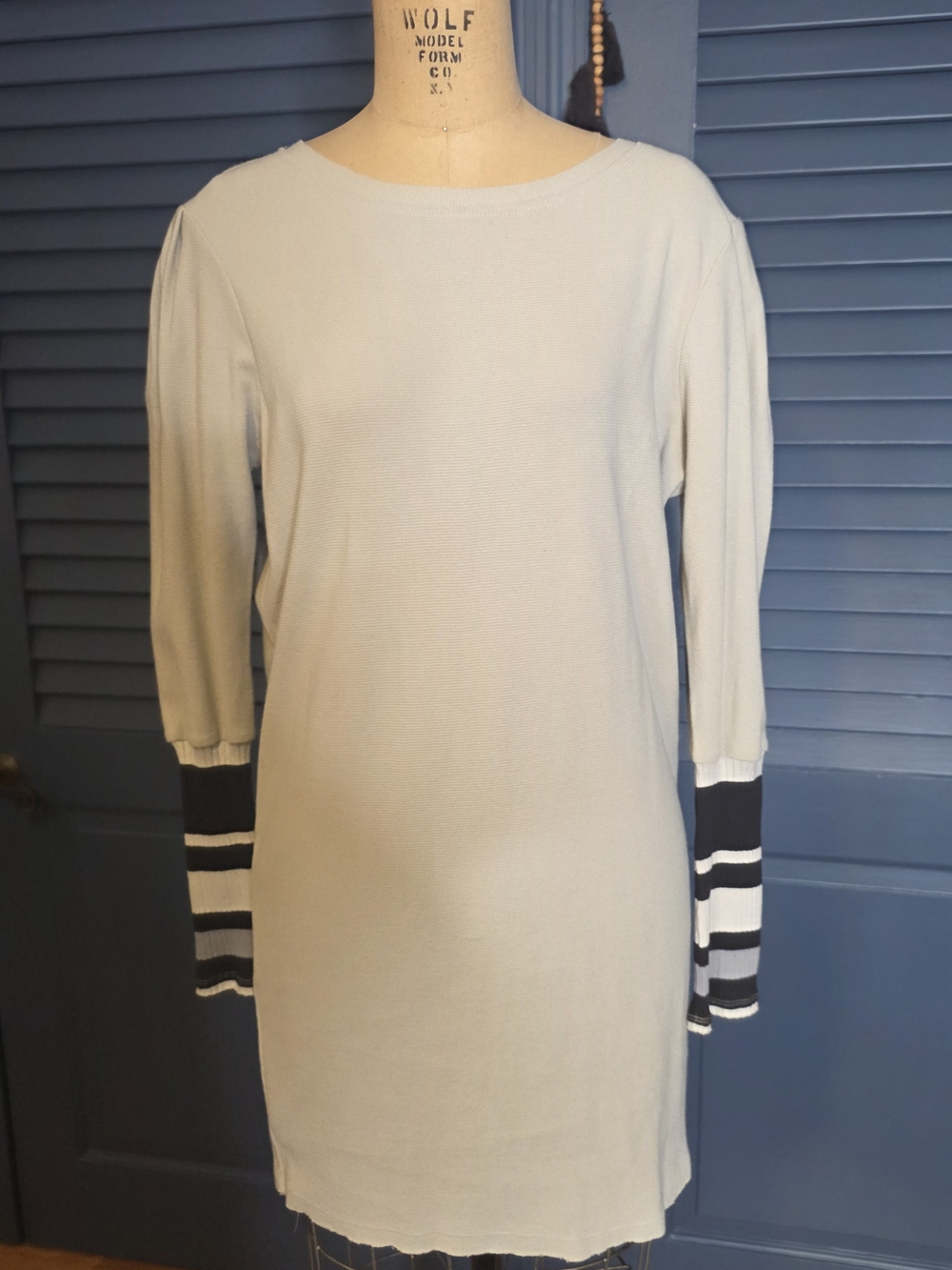 Light Gray Long Sleeve Knit Dress with Striped Cuff Detail